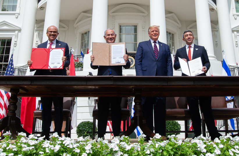 Signing the Abraham Accords at the White House in 2020.