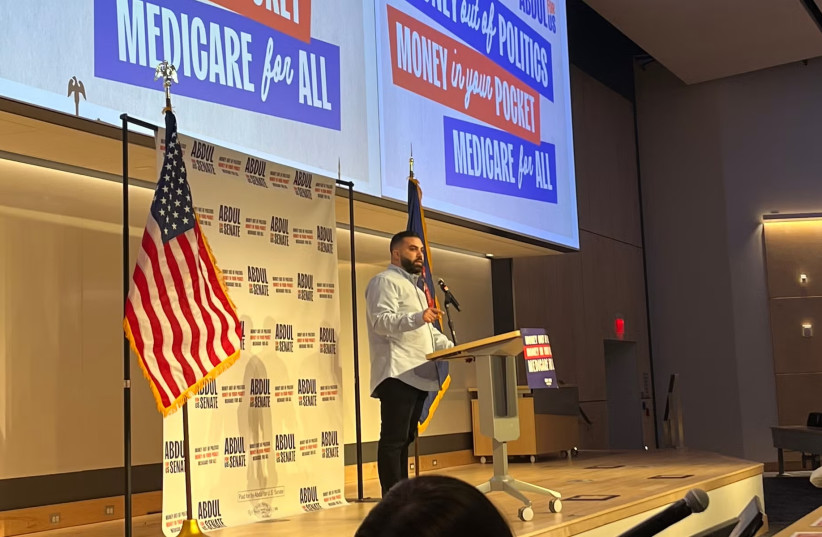 Amir Makled, a pro-Palestinian candidate for University of Michigan board of regents, addresses the crowd at a rally for U.S. Senate candidate Abdul El-Sayed in Ann Arbor, April 7, 2026. Makled, who had praised Hezbollah's leader in a past social media post, bested Jewish incumbent regent