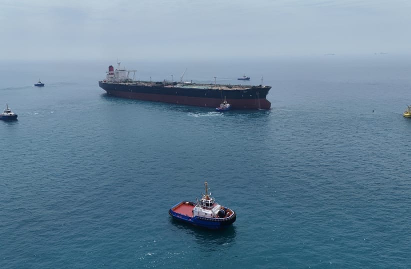 Drone view of oil tanker HELGA berthed at one of Iraq's southern offshore oil terminals near Basra as it prepares to load crude oil, becoming the second vessel to arrive since the closure of the Strait of Hormuz, April 24, 2026.