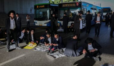 ULTRA-ORTHODOX Jewish men block a road during a protest against the jailing of seminary students who failed to comply with an army recruitment order in Bnei Brak, April 28, 2026.