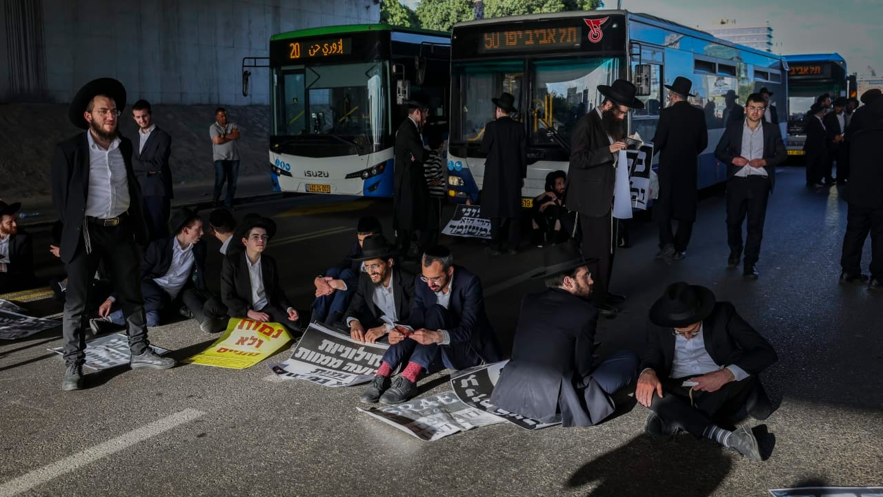 ULTRA-ORTHODOX Jewish men block a road during a protest against the jailing of seminary students who failed to comply with an army recruitment order in Bnei Brak, April 28, 2026.