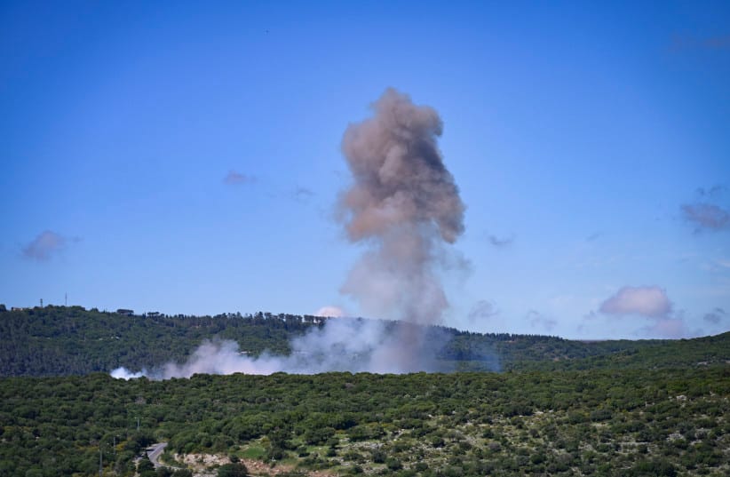 Smoke rises from the scene as the IDF detonate remaining explosives from yesterday’s drone attack that wounded 12 people, in Granot HaGalil near the Lebanese border in northern Israel, May 1, 2026.