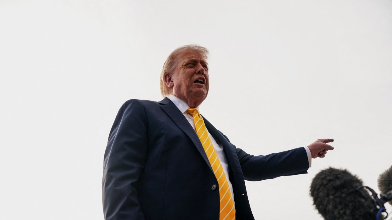US President Donald Trump speaks to the media before boarding Air Force One for departure to Miami, Florida, at Palm Beach International Airport in West Palm Beach, Florida, US, May 2, 2026.