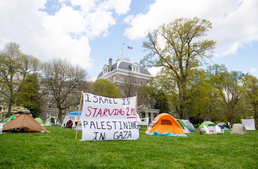 Demonstrators occupy a makeshift protest camp on Parish Beach at Swarthmore College on April 24, 2024 in Swarthmore, Pennsylvania. (credit: Matthew Hatcher/Getty Images)