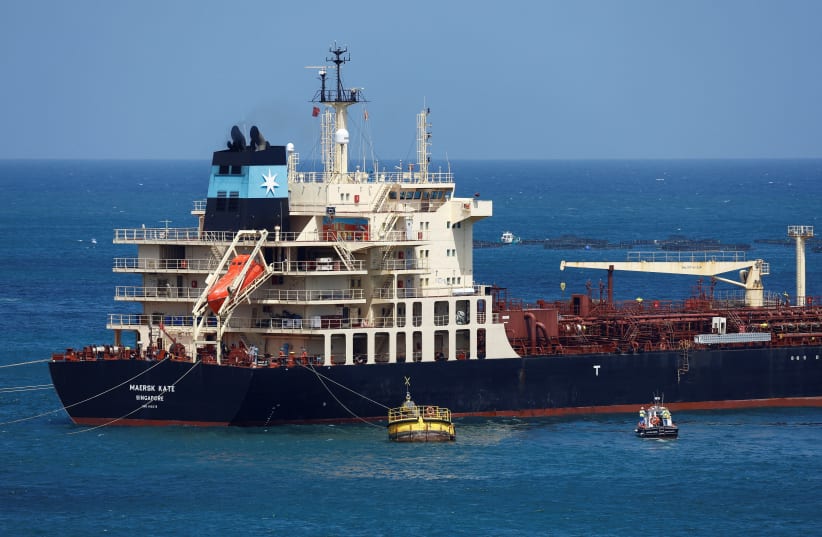 The Singapore-flagged tanker Maersk Kate during the fuel unloading manoeuvre in Telde, on the island of Gran Canaria, Spain, March 27, 2026.