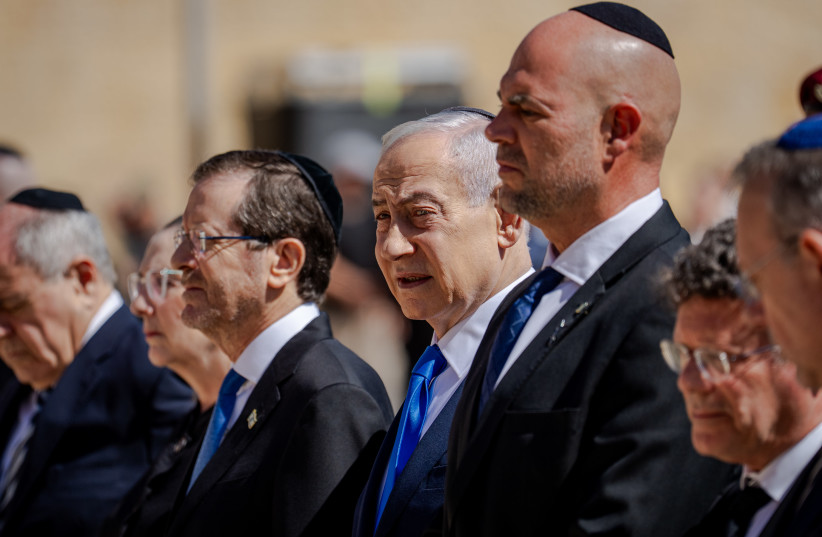 The Speaker of the Israeli parliament, the Knesset, Amir Ohana (3rd R), Prime Minister of Israel, Benjamin Netanyahu (4th R) and President of Israel, Isaac Herzog (5th R), attend a wreath laying ceremony.
