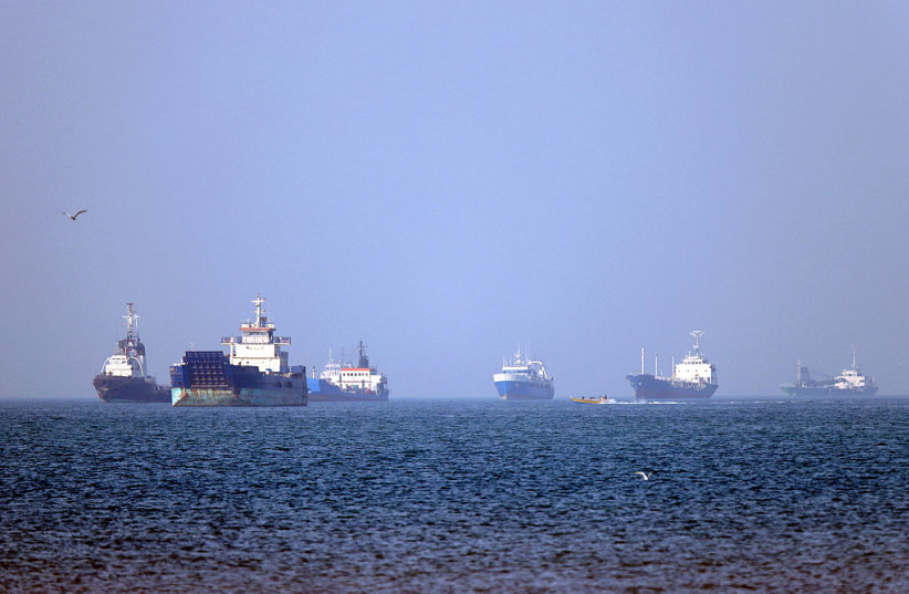 VESSELS ANCHORED in the Strait of Hormuz off Bandar Abbas in southern Iran.