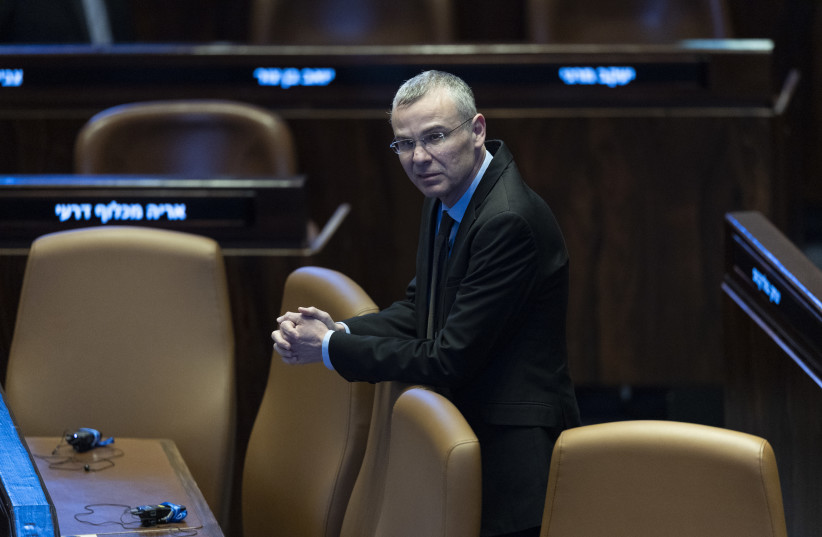 Justice Minister Yariv Levin attends a special plenum session in honor of Indian Prime Minister Narendra Modi at the Knesset, the Israeli parliament, in Jerusalem during his official visit to Israel, February 25, 2026.