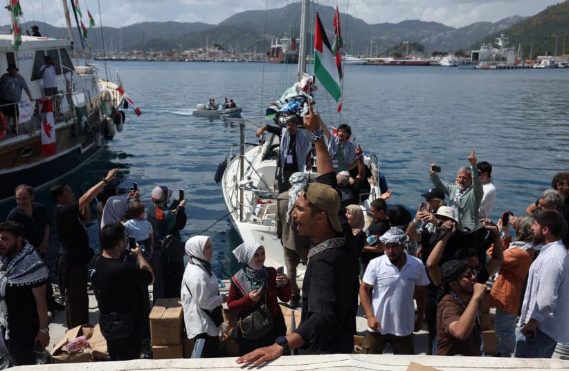 Activists greet as a boat taking part in the Global Sumud Flotilla, which aims to reach Gaza and break Israel’s naval blockade, departs from a port in the southern Turkish resort of Marmaris, Turkey, May 14, 2026.