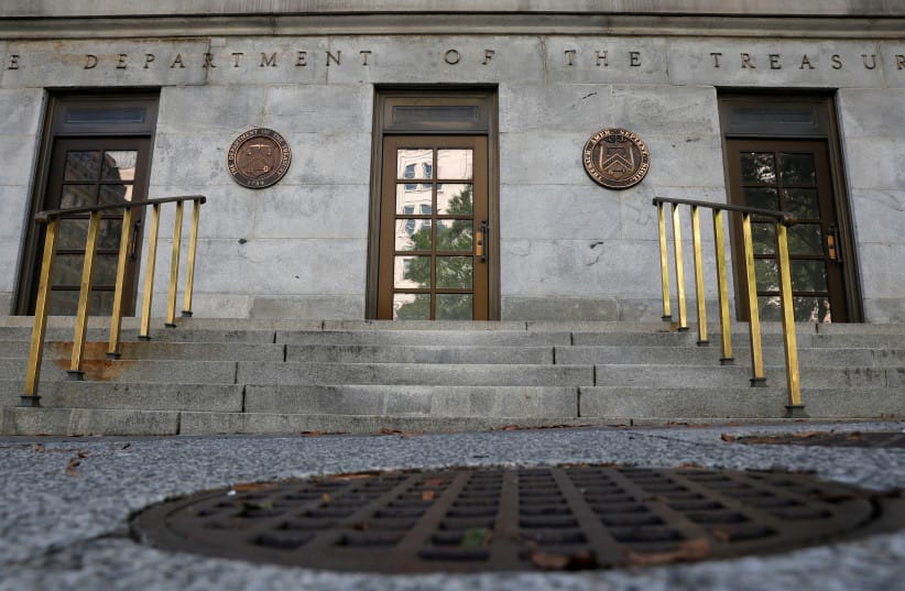 Signage is seen at the United States Department of the Treasury headquarters in Washington, DC, US, August 29, 2020.