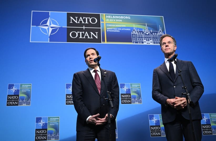 NATO Secretary General Mark Rutte (R) and US Secretary of State Marco Rubio give remarks at the NATO Foreign Ministers' meeting in Helsingborg, Sweden, on May 22, 2026. 