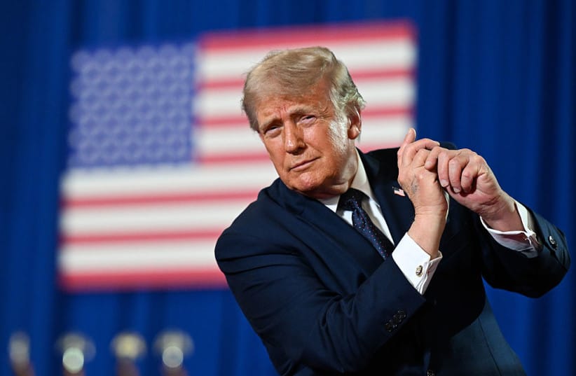 US PRESIDENT Donald Trump dances on stage after delivering remarks during a campaign and economic policy event in the Eugene Levy Fieldhouse at SUNY Rockland Community College on May 22, 2026 in Suffern, New York.