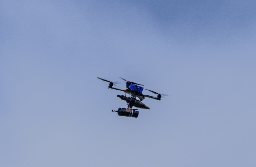 An explosive drone launched by Hezbollah is seen near the Israeli border with Lebanon during a Hezbollah attack in northern Israel, May 19, 2026.