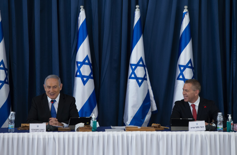PRIME MINISTER Benjamin Netanyahu and newly appointed ambassador to the UN and the US Gilad Erdan attend the weekly cabinet meeting, at the Foreign Affairs Ministry in Jerusalem on July 5, 2020.