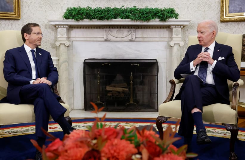 THEN-US PRESIDENT Joe Biden meets with President Isaac Herzog in the White House’s Oval Office, Oct. 2022.