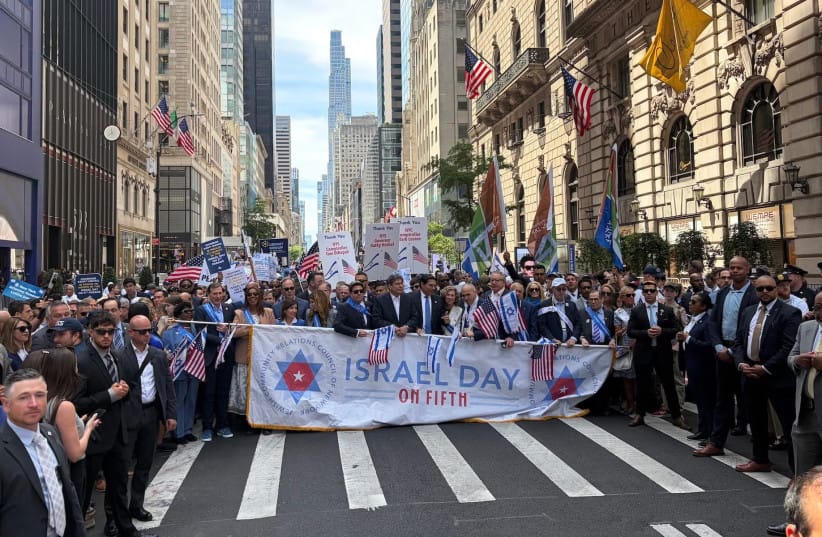 JCRC New York CEO Mark Treyger, UJA-Federation of New York CEO Eric Goldstein, City Council Speaker Julie Menin, Gov. Kathy Hochul and other New York politicians march in the annual Israel Day Parade on May 31, 2026.