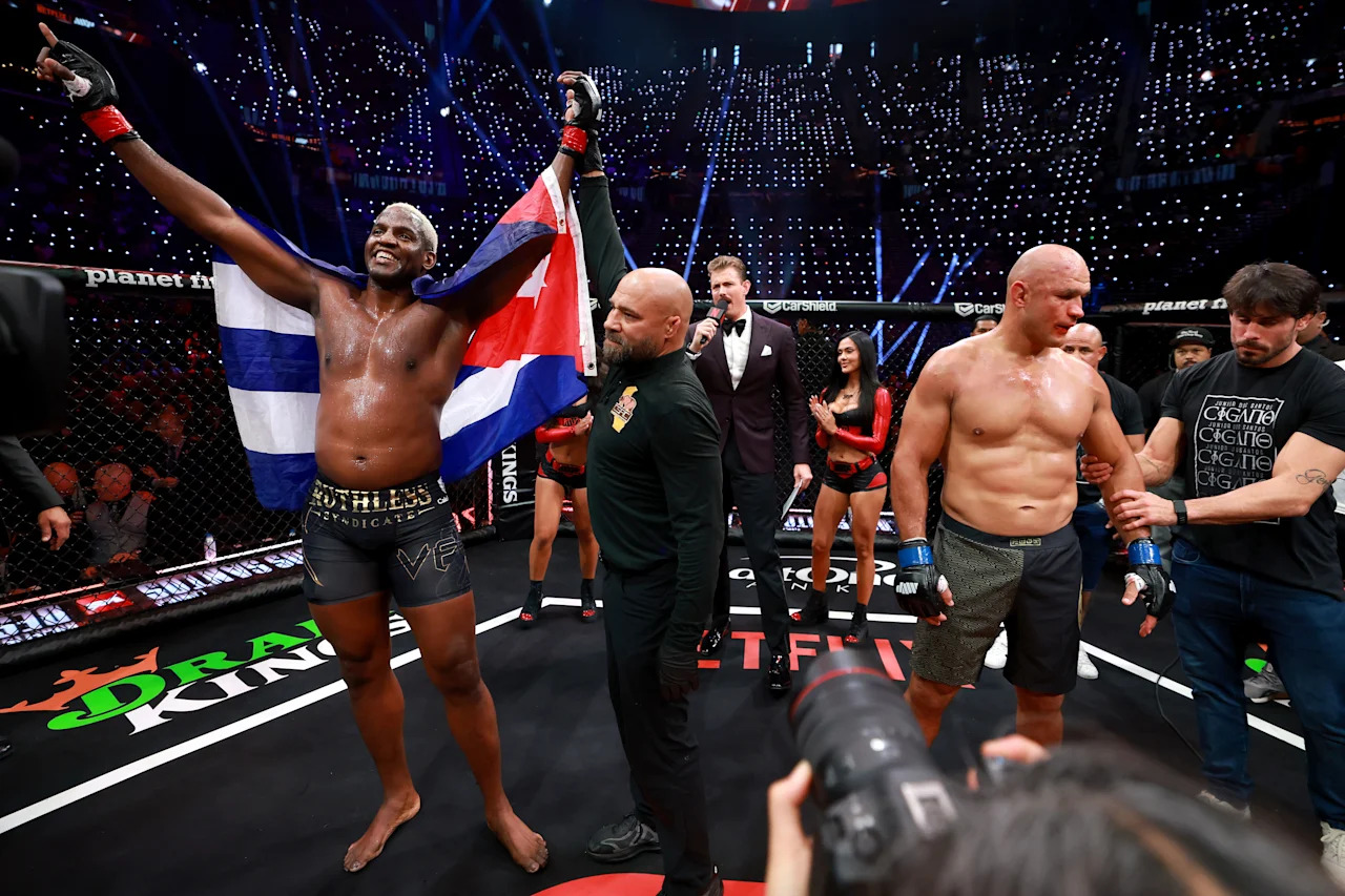 INGLEWOOD, CALIFORNIA - MAY 16: Robelis Despaigne celebrates after defeating Junior dos Santos by knockout in their heavyweight bout during the main card of Netflix's Ronda Rousey vs. Gina Carano at Intuit Dome on May 16, 2026 in Inglewood, California. (Photo by Sarah Stier/Getty Images for Netflix)