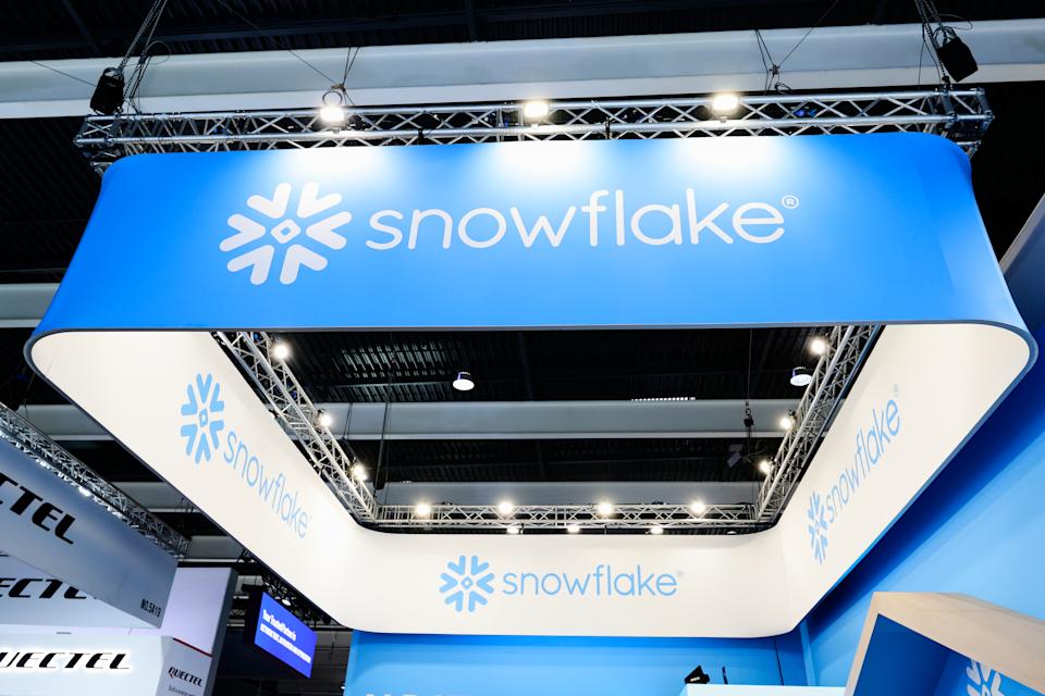 The Snowflake Inc logo, the American cloud computing-based data company that offers cloud-based storage and analytics services, is on their pavilion during the Mobile World Congress 2025 in Barcelona, Spain, on March 5, 2025. (Photo by Joan Cros/NurPhoto via Getty Images)