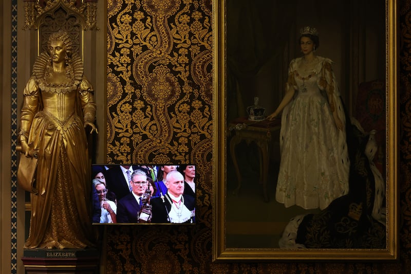 British prime minister Keir Starmer is seen on a screen in the Royal Gallery during the State opening of parliament at the Houses of Parliament on Thursday. Photograph: Adrian Dennis/Getty Images