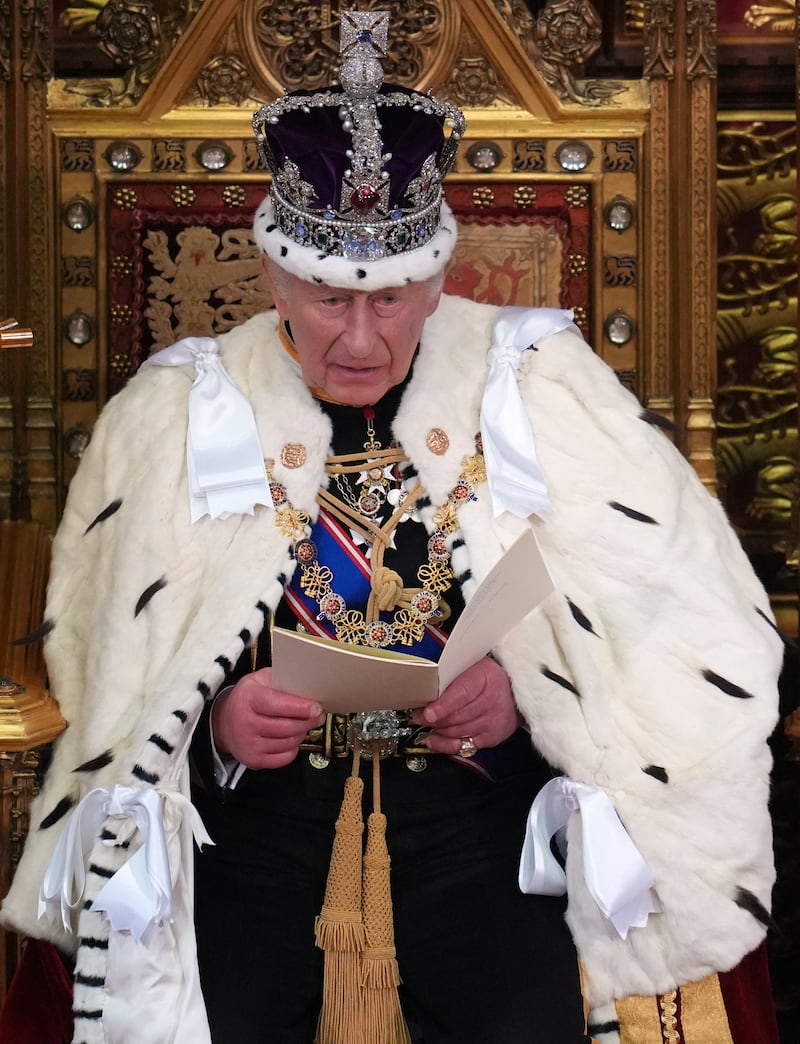 Britain's king Charles makes his speech in the House of Lords chamber, during the State opening of Parliament, at the Houses of Parliament, in London. Photograph: Kirsty Wigglesworth/AFP via Getty Images
