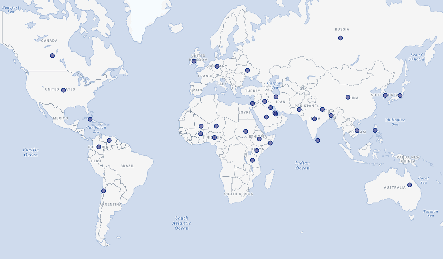 A map of the world with nearly 40 blue dots scattered on various countries across the world.