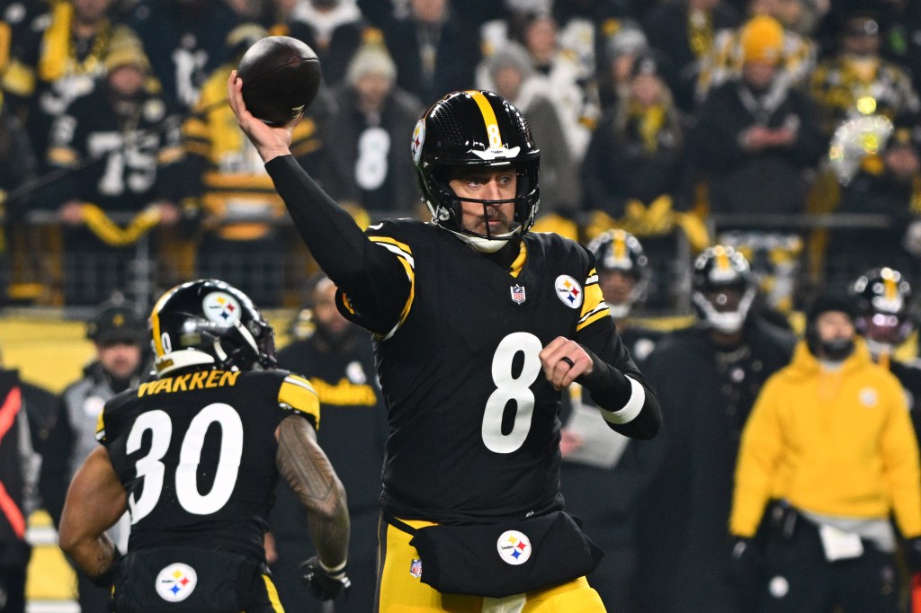 Pittsburgh Steelers quarterback Aaron Rodgers (8) throws during the first half of an NFL wild-card playoff football game against the Houston Texans, January 12, 2026, in Pittsburgh.  