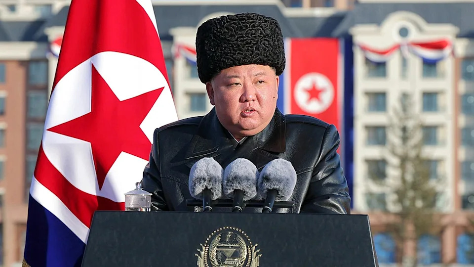 North Korean leader Kim Jong Un delivering a speech at an inauguration ceremony in Pyongyang
