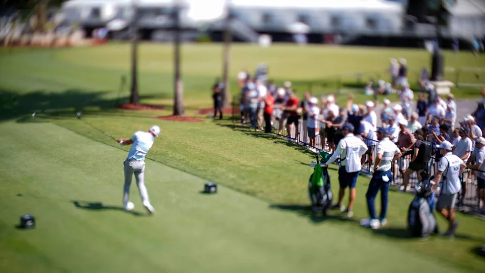 May 1, 2026; Miami, Florida, USA; Sam Burns plays his tee shot on the first hole during the second round of the Cadillac Championship golf tournament. Mandatory Credit: Jeff Romance-Imagn Images© Jeff Romance-Imagn Images.