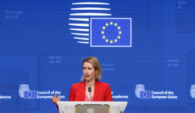 EU foreign affairs chief Kaja Kallas speaking to press in Brussels on Monday