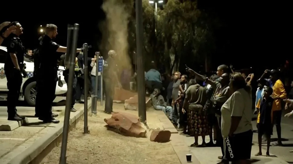 Community unrest outside Alice Springs Hospital, where a 47-year-old man arrested in connection with the alleged killing of five-year-old Kumanjayi Little Baby was taken. - AUSTRALIAN BROADCASTING CORPORAT/Handout/via Reuters