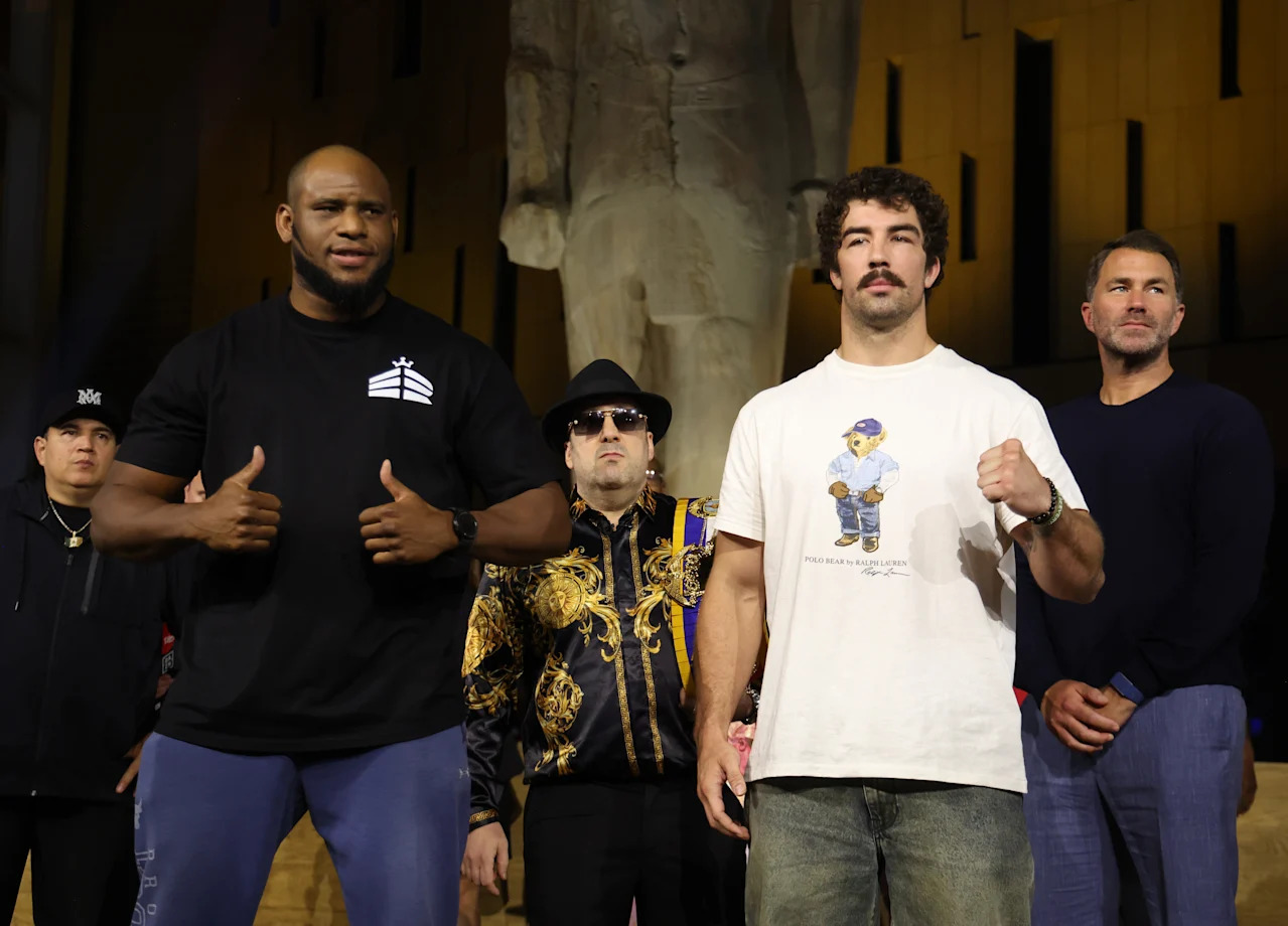 CAIRO, EGYPT - MAY 22:  Frank Sanchez left) and Richard Torrez Jr (right) Weigh In ahead of their Heavyweight Contest tomorrow night, at the Grand Egyptian Museum on May 22, 2026 in Cairo, Egypt.  (Photo by Mark Robinson/Getty Images)