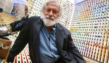 Illustrative: Agam Yaacov, Israeli artist, reclining on one of his works at the Georges Pompidou Art Center, June 28, 2003, in Paris where his works of kinetic sculpture are on exhibit. (Jack GUEZ / AFP)