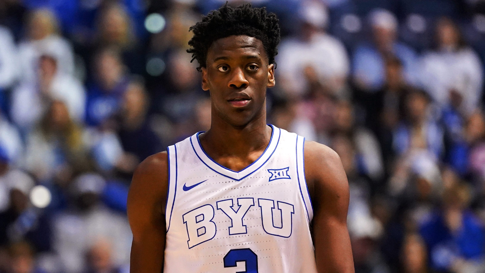 BYU Cougars forward AJ Dybantsa (3) looks on during the first half against the Texas Tech Red Raiders at Marriott Center. 