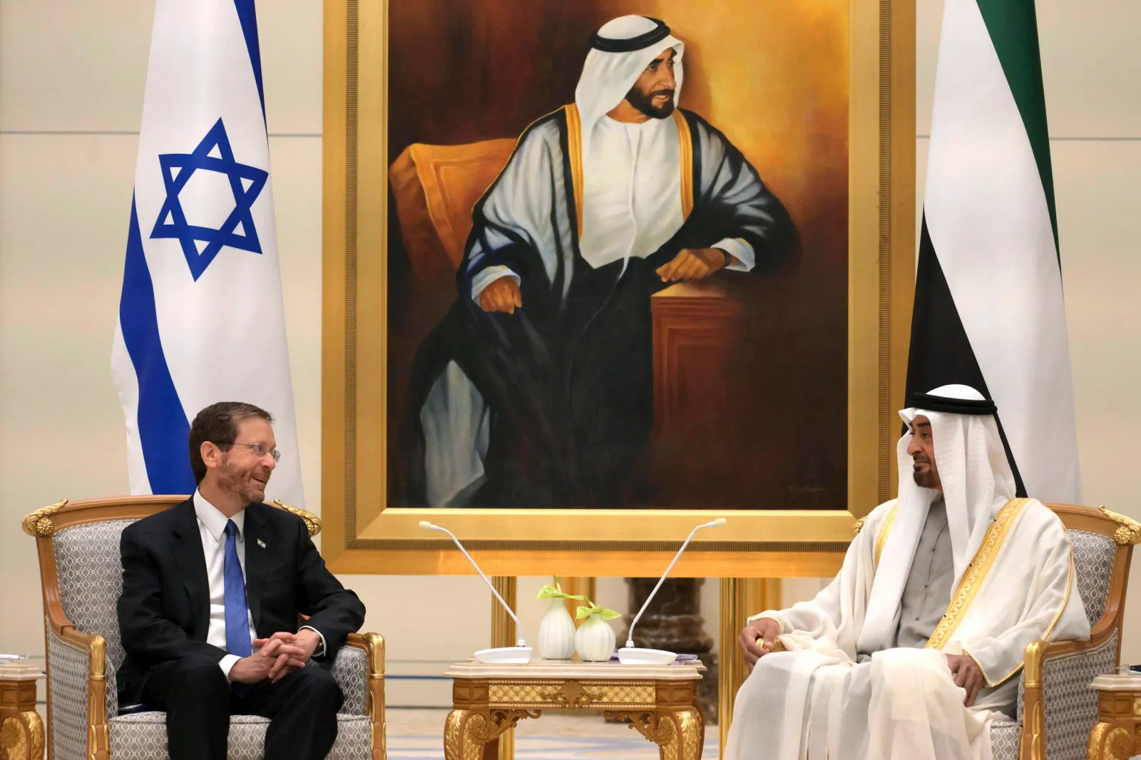 Israeli President Isaac Herzog, left, meets with then-Crown Prince of Abu Dhabi Sheikh Mohammed bin Zayed Al Nahyan, on January 30, 2022.