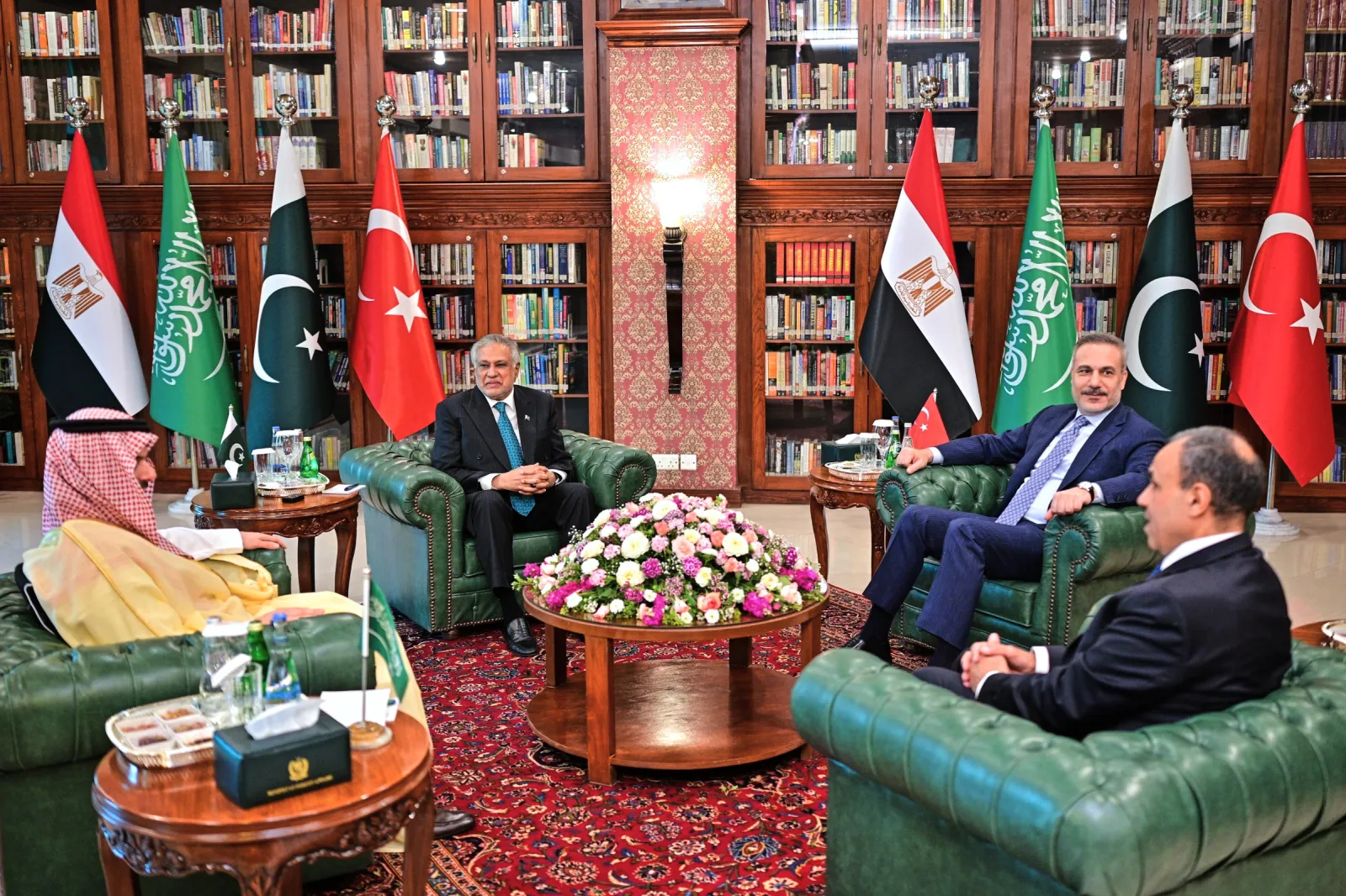 From left, Saudi Arabian Foreign Minister Prince Faisal bin Farhan Al-Saud, Pakistani Foreign Minister Ishaq Dar, Turkish Foreign Minister Hakan Fidan and Egyptian Foreign Minister Badr Abdelatty attend a meeting in Islamabad, on March 29.