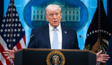 President Donald Trump conducts a news conference in the White House briefing room about the war in Iran on Monday, April 6.