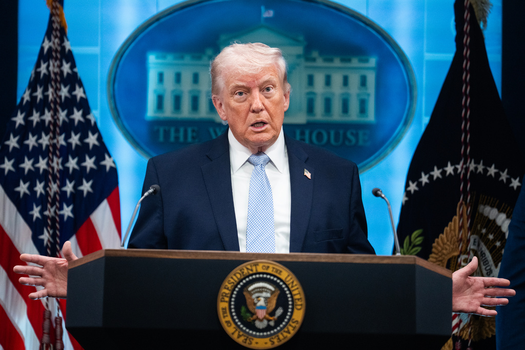 President Donald Trump conducts a news conference in the White House briefing room about the war in Iran on Monday, April 6.