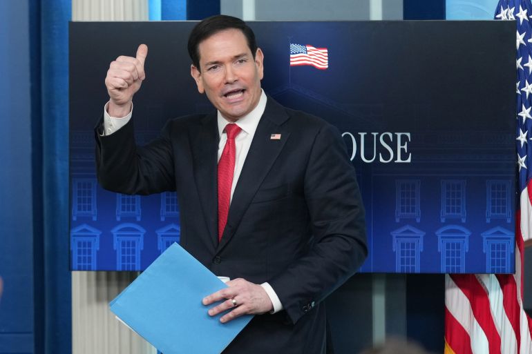 Secretary of State Marco Rubio gestures after speaking at a press briefing in the James Brady Press Briefing Room at the White House in Washington, Tuesday, May 5, 2026. (AP Photo/Mark Schiefelbein)