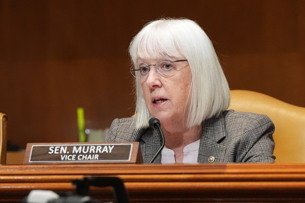 Sen. Patty Murray, D-Wash., questions Defense Secretary Pete Hegseth at a Senate Appropriations subcommittee on defense hearing on the budget request for the Department of Defense, Tuesday, May 12, 2026, in Washington. (AP Photo/Alex Brandon)