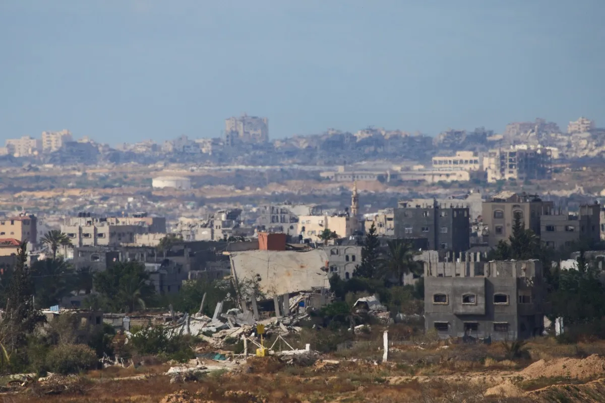 A block demarcating the "Yellow Line," which has separated the Gaza Strip's Israeli-held and Palestinian zones since the October ceasefire, is visible in central Gaza on May 26.