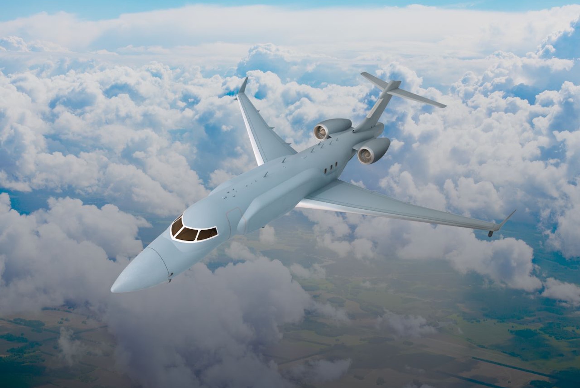 A computer-generated rendering of a light grey jet flying above clouds and farmland.