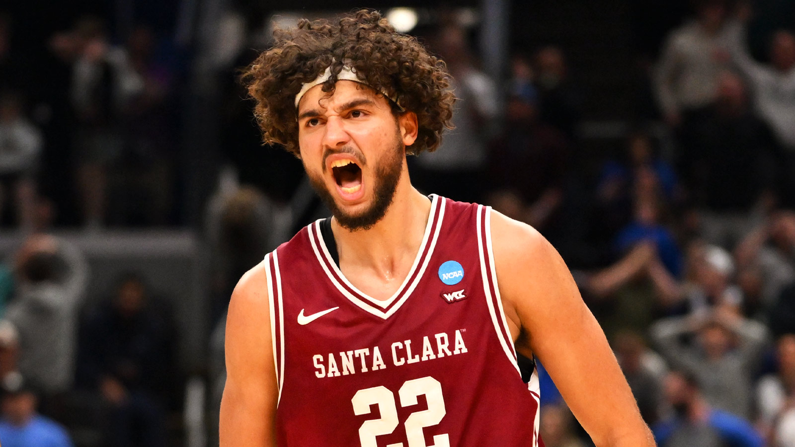  Santa Clara Broncos forward Allen Graves (22) reacts after making a basket against the Kentucky Wildcats during the second half of a first round game of the men's 2026 NCAA Tournament at Enterprise Center.