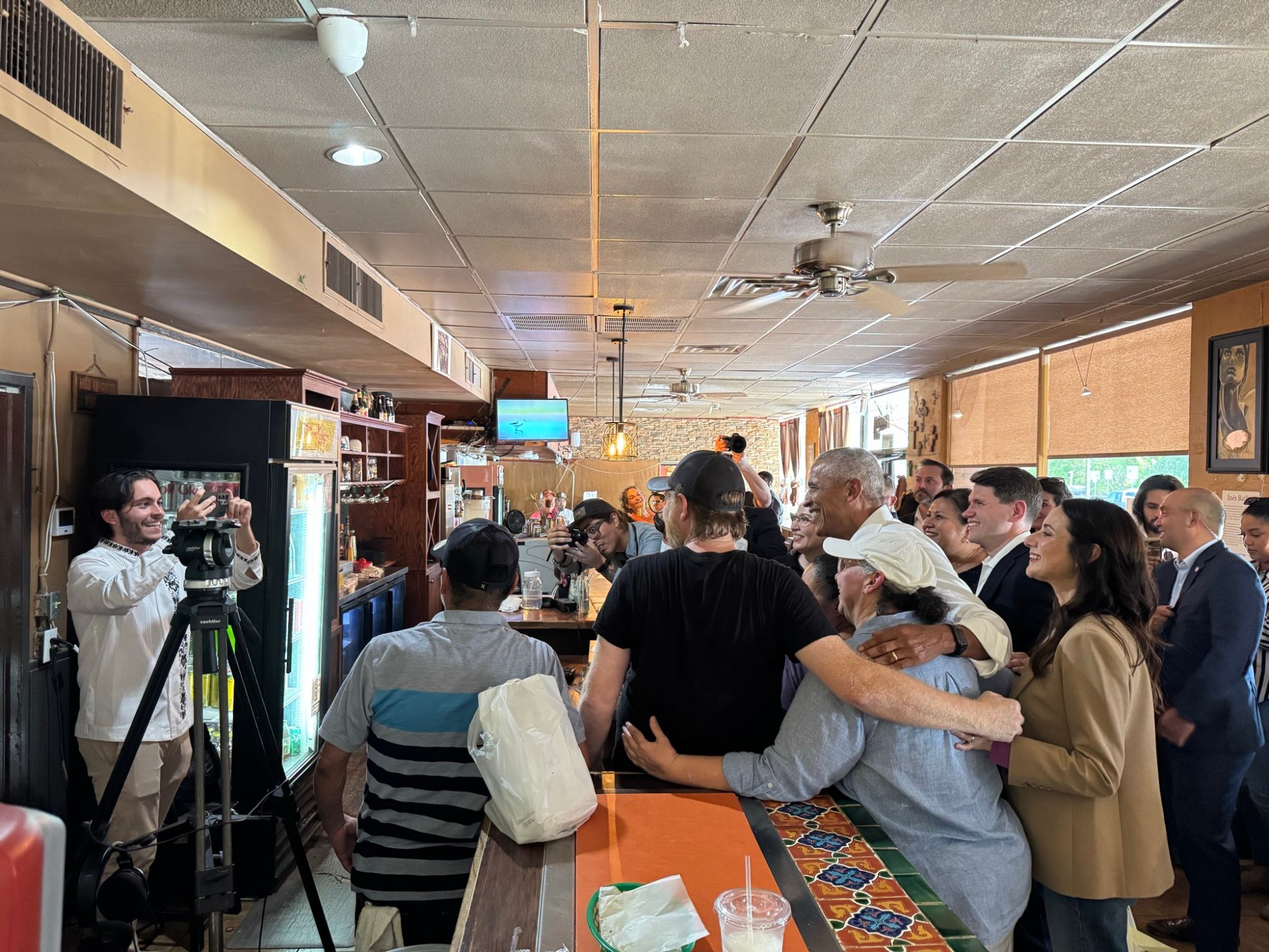 Former President Barack Obama made a surprise appearance at the taco Jountalong with James Talarico and Gina Hinojosa, the Democratic nominees for U.S. Senate and governor, respectively.