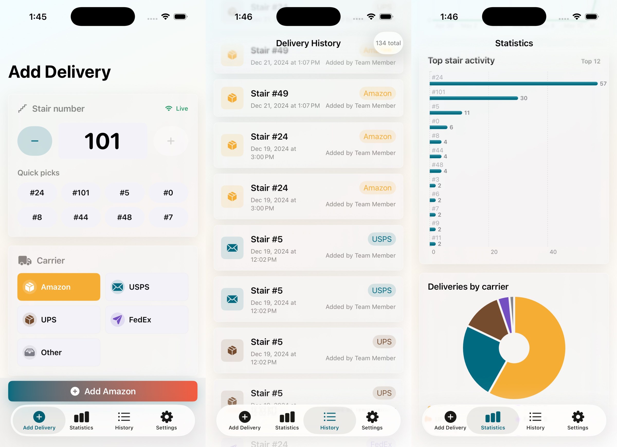 Three screenshots of an app, showing the specific location of various deliveries.