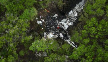 A crashed Cessna airplane is seen in a wooded area on Round Rock Road in Wimberley, Texas, Friday, May 1, 2026.
