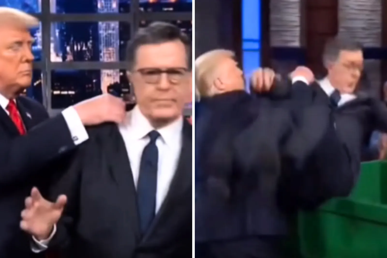 AI-generated clip of President Donald Trump throwing Late Show host Stephen Colbert into a green dumpster posted on Truth Social, May 22, 2026