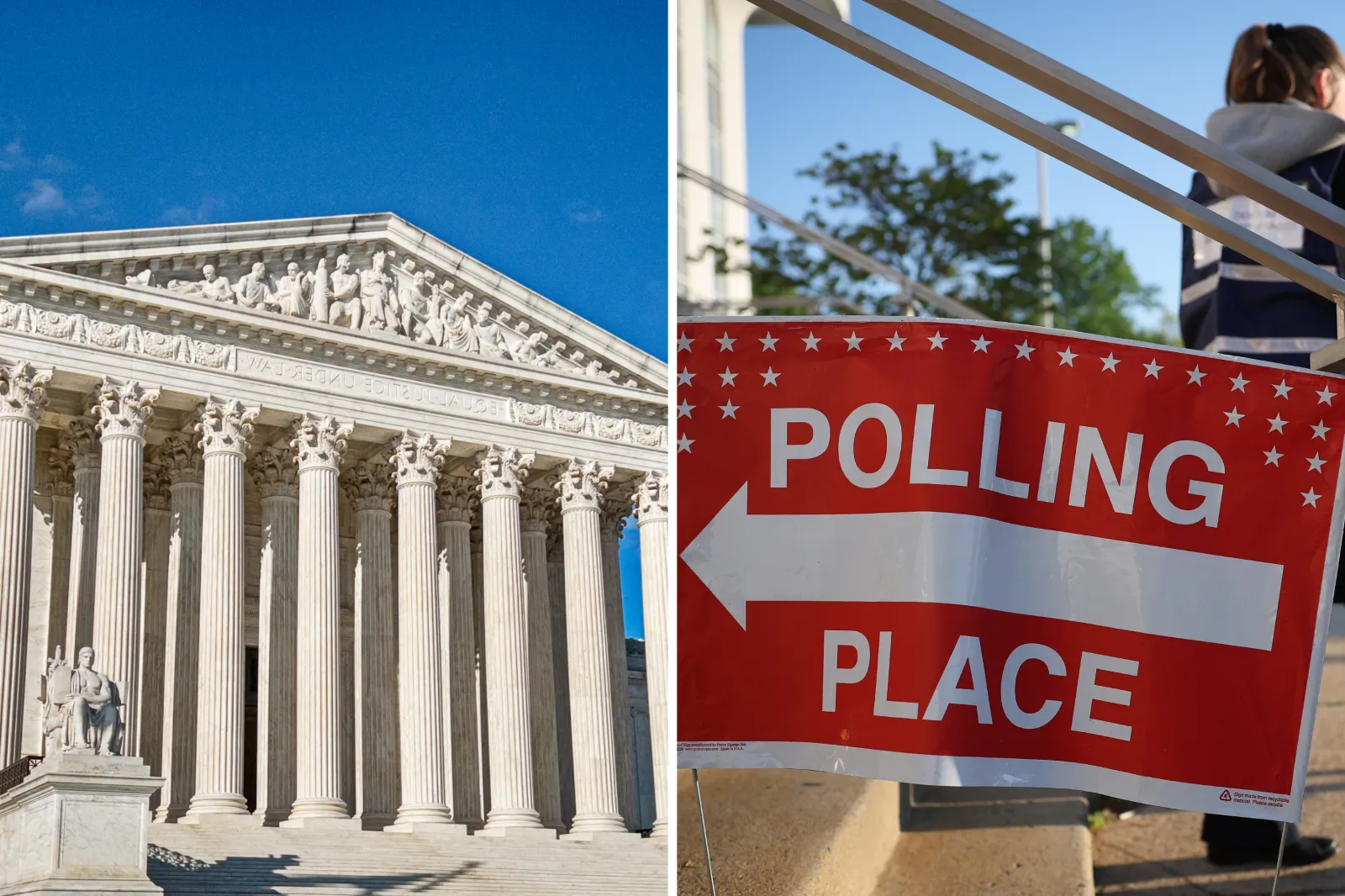 Left: Stock image of the Supreme Court of the United States. Right: Voters arrive before casting their ballots at a polling location at Washington-Liberty High School on April 21, 2026 in Arlington, Virginia.