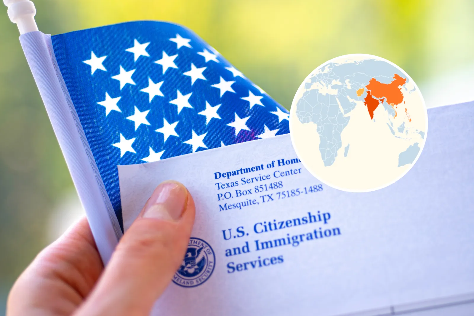 Main image: Washington, DC, USA - September, 16, 2019: Letter from USCIS and flag of USA in hand on green blurred background - stock image. Inset: Map showing most impacted nations