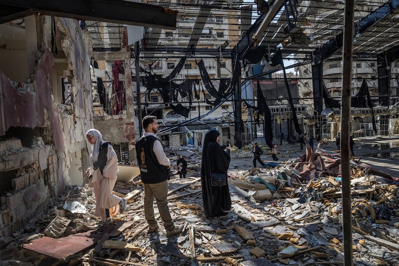 The remains of the Sayyed al-Shuhadaa Complex in Beirut’s southern suburbs. Photograph: David Guttenfelder/The New York Times
                      