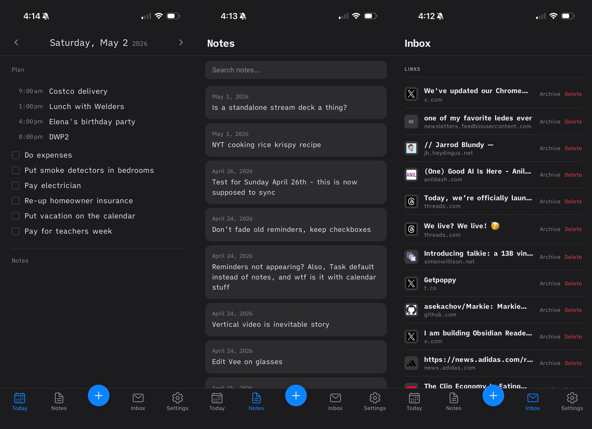 Three screenshots of a dark mode to-do and notes app.